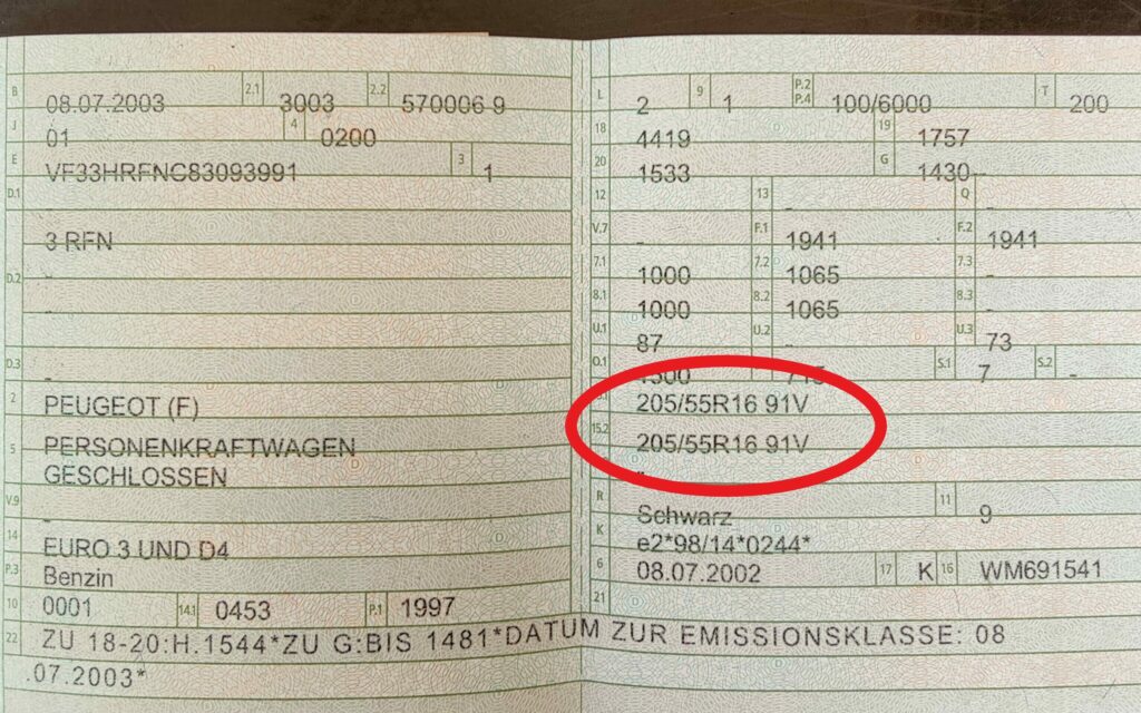 Reifengröße Zulassung